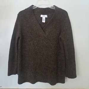 Magaschoni Green Brown Wool Mohair Blend Rib Knit V-Neck Womens Sweater Size M